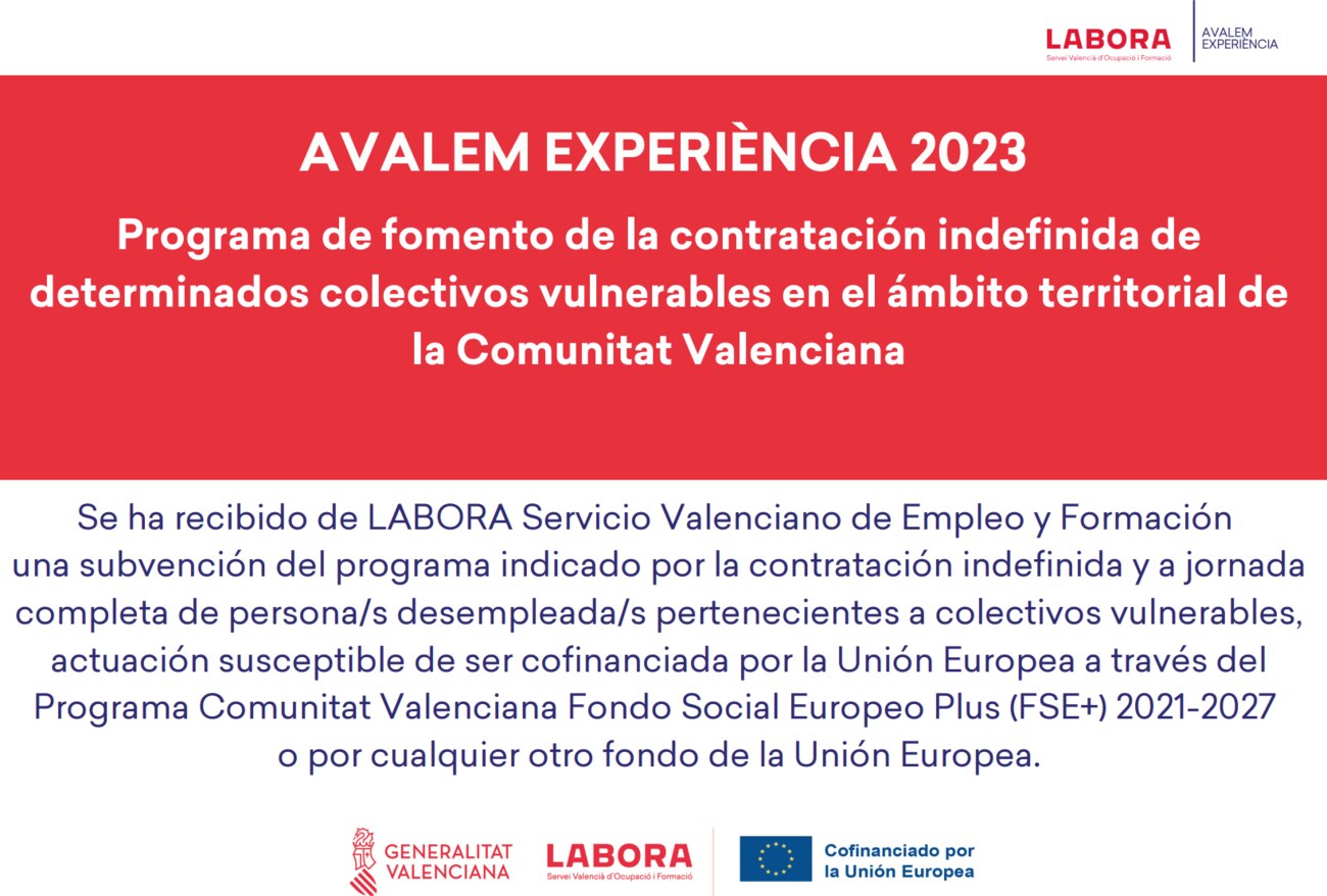 Cartaz oficial de Avalem Experiència 2023 com os logótipos da Generalitat Valenciana, LABORA e Cofinanciado pela União Europeia.