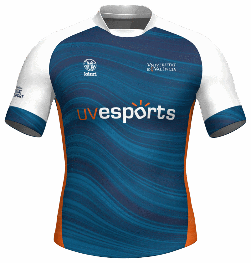 Camiseta azul de UV Esports fabricada para la Universitat de València.