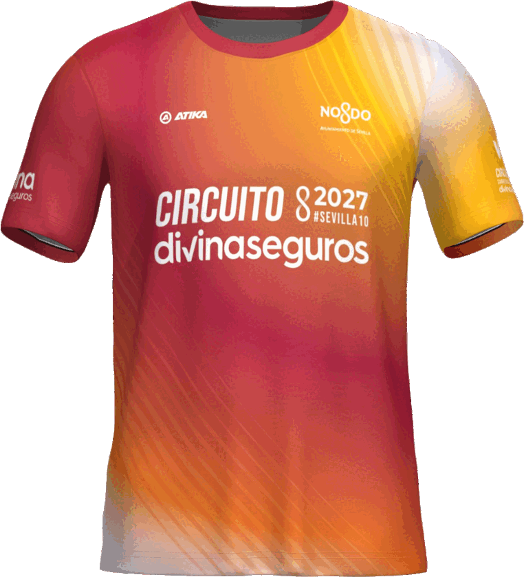 Camiseta oficial del circuito de carreras populares de Sevilla, con estampación integral en degradado rojo, naranja y blanco